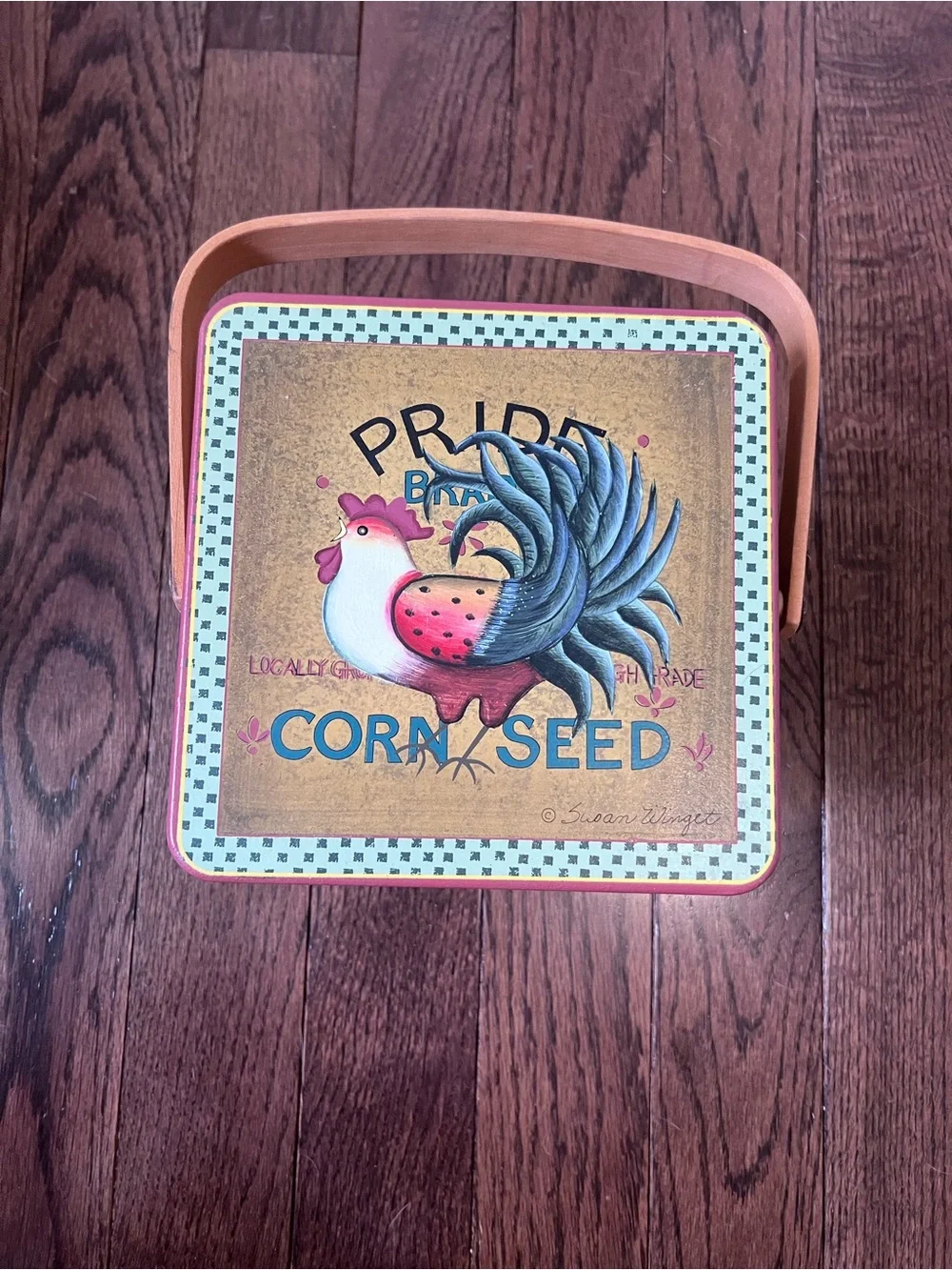Woven vintage Chicken Feed Basket with Decorative Rooster Lid by Susan Winget
